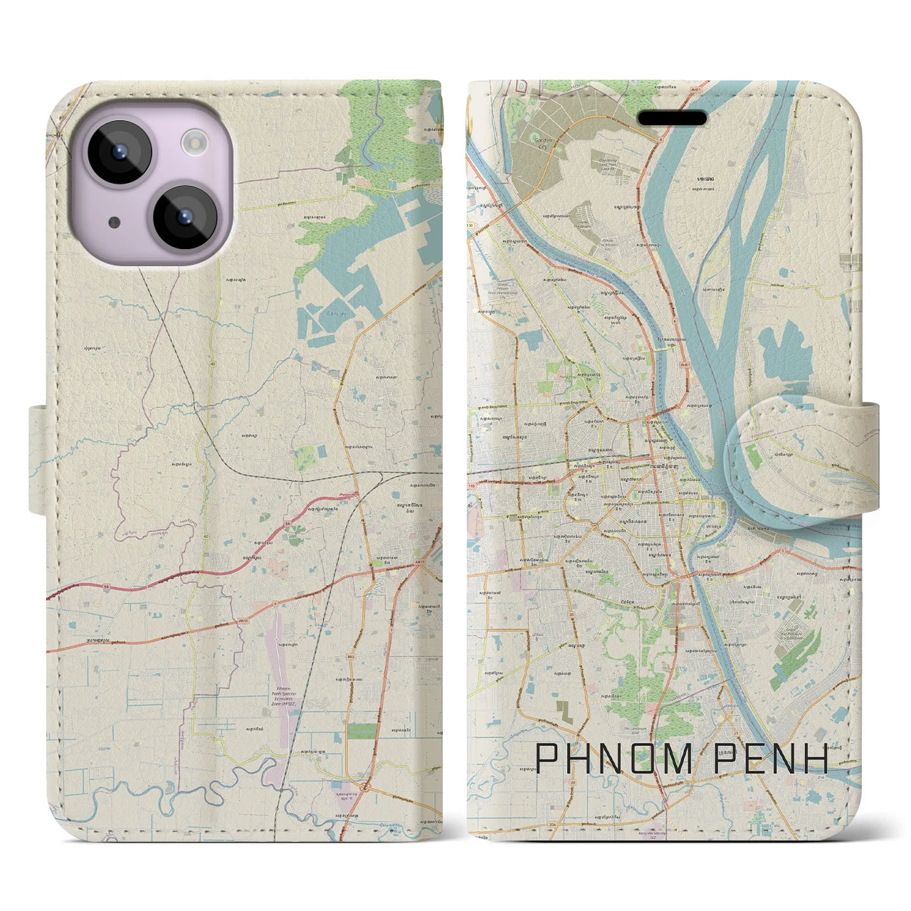 【プノンペン】地図柄iPhoneケース（手帳両面タイプ・ナチュラル）iPhone 14 用