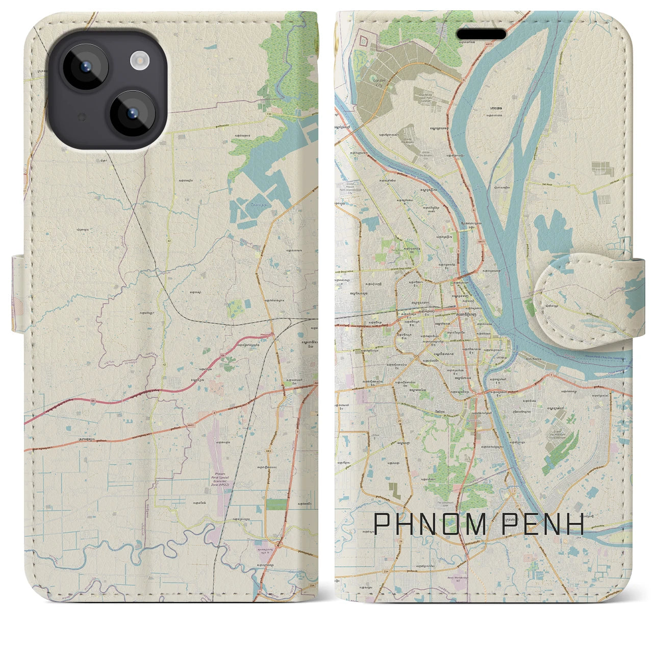【プノンペン】地図柄iPhoneケース（手帳両面タイプ・ナチュラル）iPhone 14 Plus 用