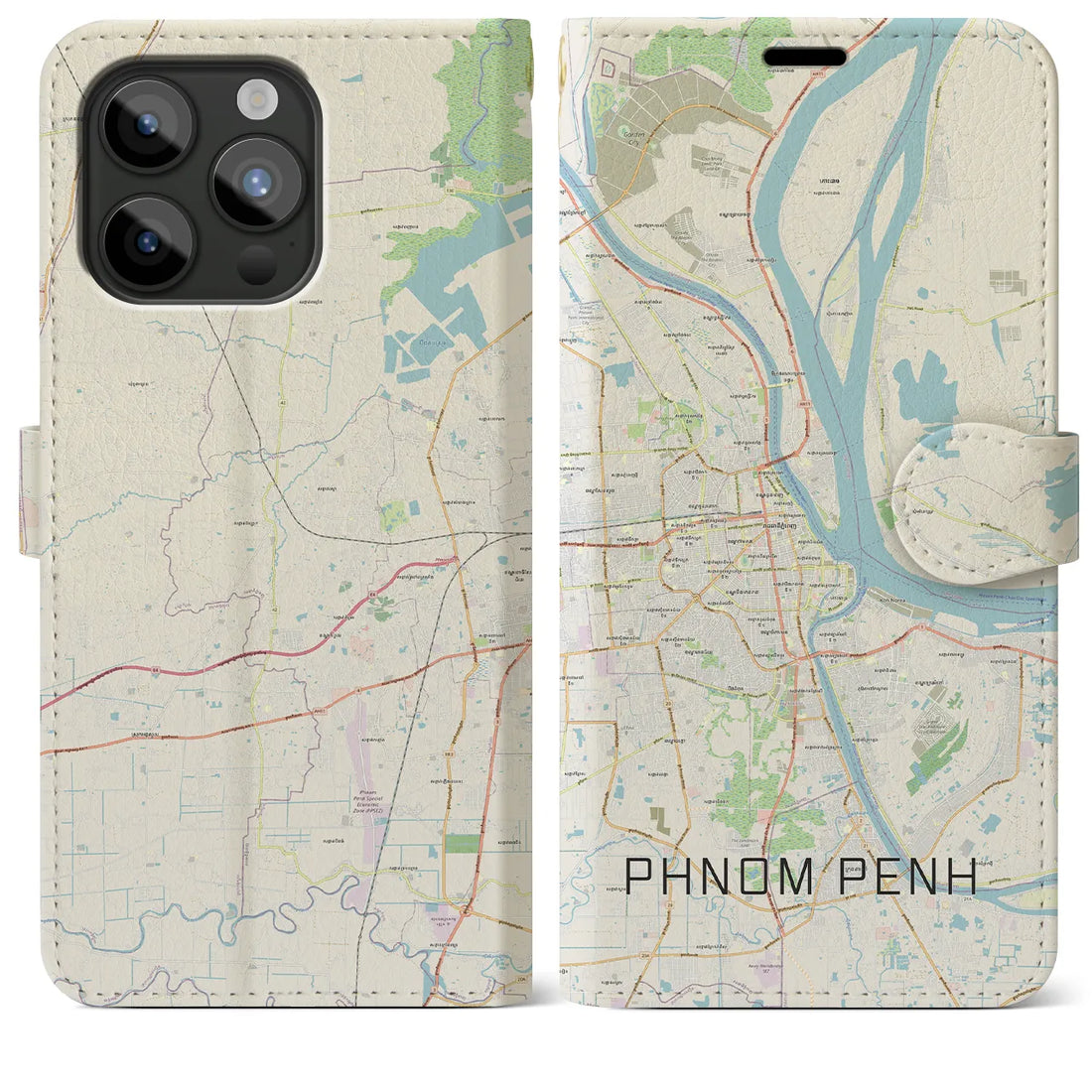 【プノンペン】地図柄iPhoneケース（手帳両面タイプ・ナチュラル）iPhone 15 Pro Max 用