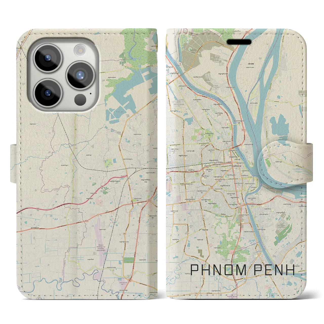【プノンペン】地図柄iPhoneケース（手帳両面タイプ・ナチュラル）iPhone 15 Pro 用