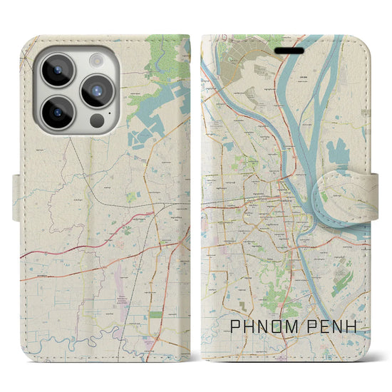 【プノンペン】地図柄iPhoneケース（手帳両面タイプ・ナチュラル）iPhone 15 Pro 用