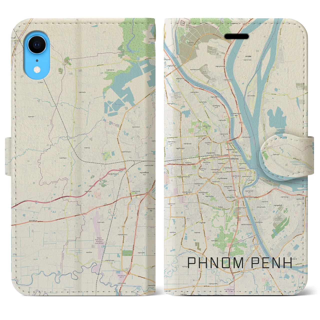 【プノンペン】地図柄iPhoneケース（手帳両面タイプ・ナチュラル）iPhone XR 用