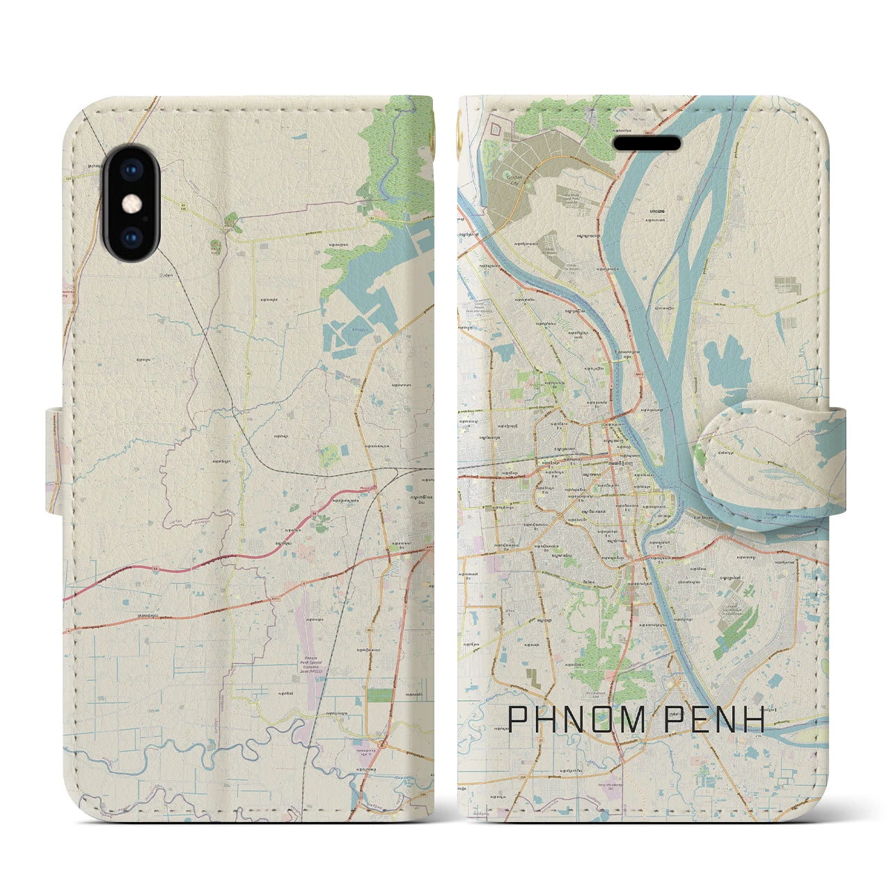【プノンペン（カンボジア）】地図柄iPhoneケース（手帳タイプ）ナチュラル・iPhone XS / X 用