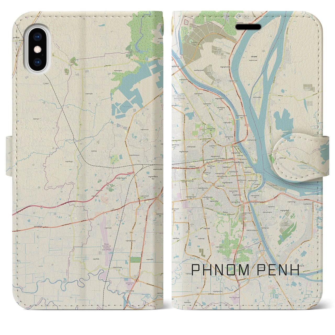 【プノンペン】地図柄iPhoneケース（手帳両面タイプ・ナチュラル）iPhone XS Max 用