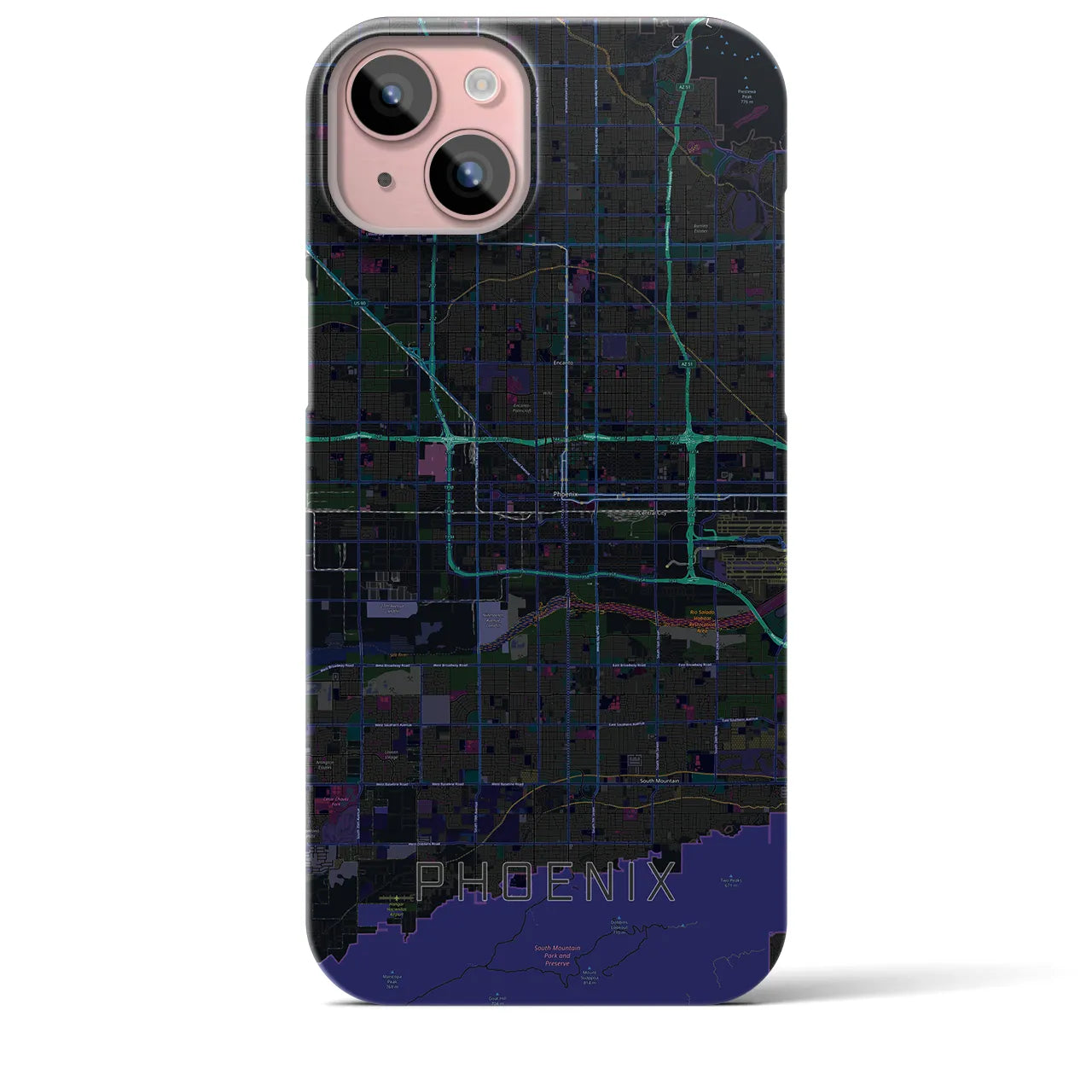 【フェニックス】地図柄iPhoneケース（バックカバータイプ・ブラック）iPhone 15 Plus 用