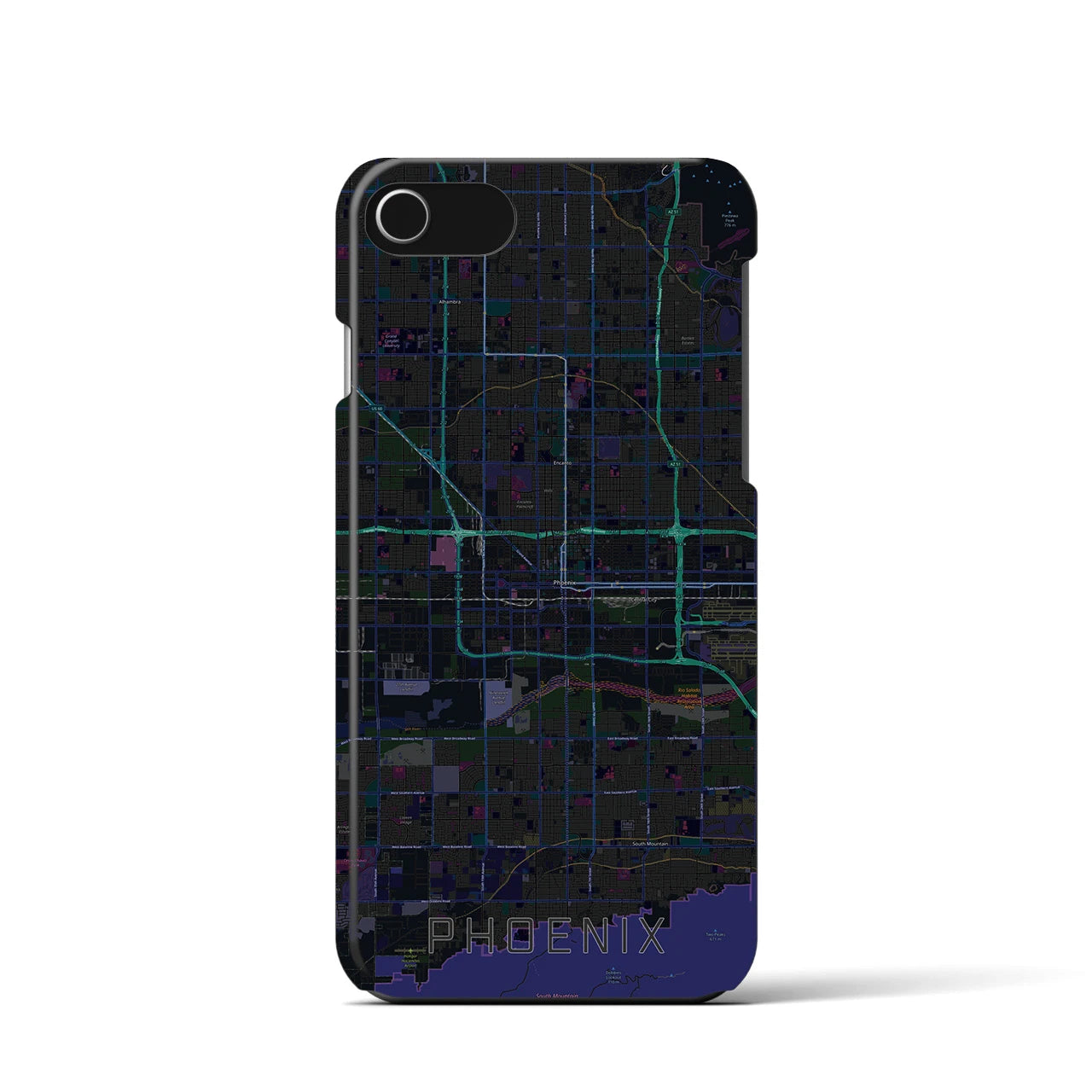 【フェニックス】地図柄iPhoneケース（バックカバータイプ・ブラック）iPhone SE（第3 / 第2世代） / 8 / 7 / 6s / 6 用