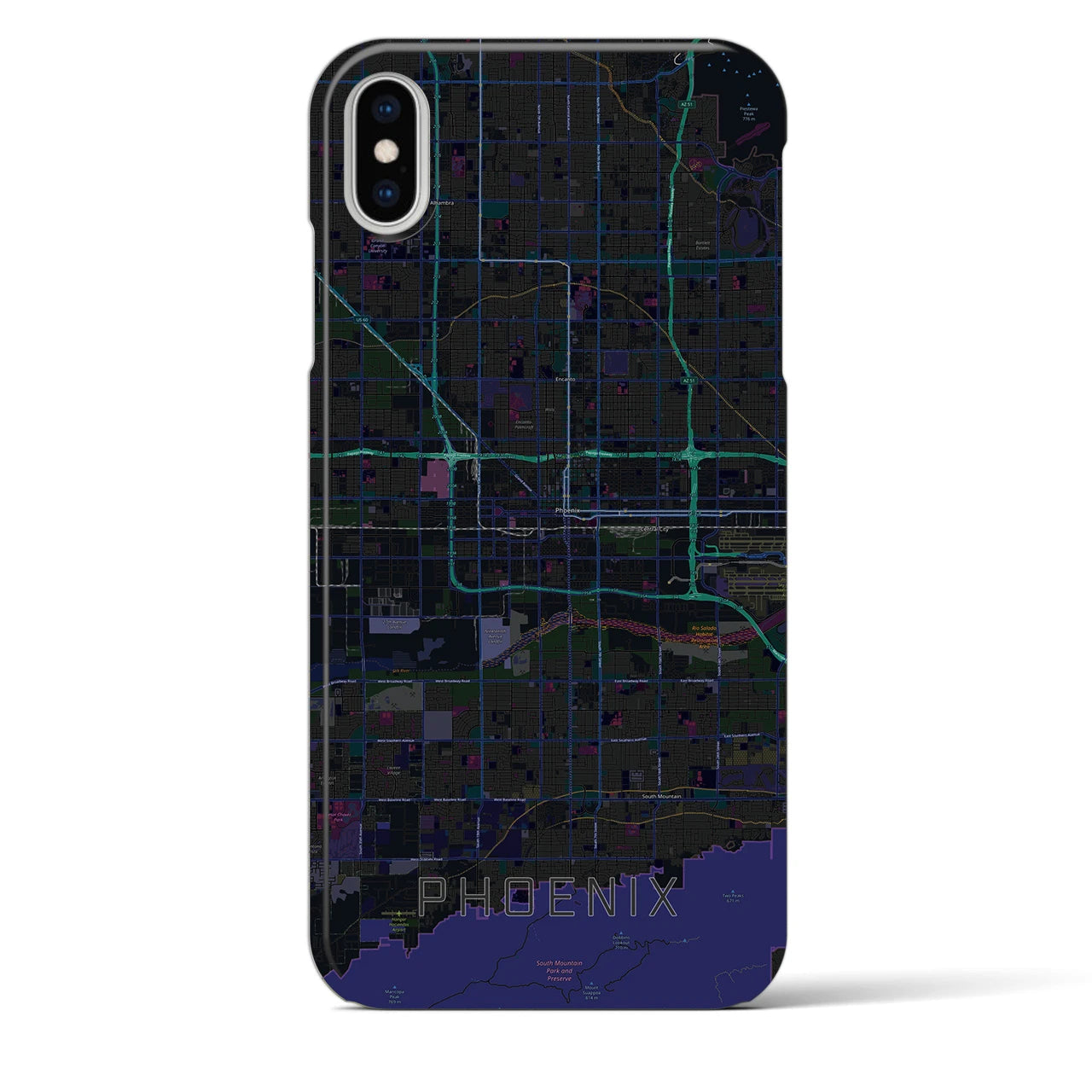 【フェニックス】地図柄iPhoneケース（バックカバータイプ・ブラック）iPhone XS Max 用