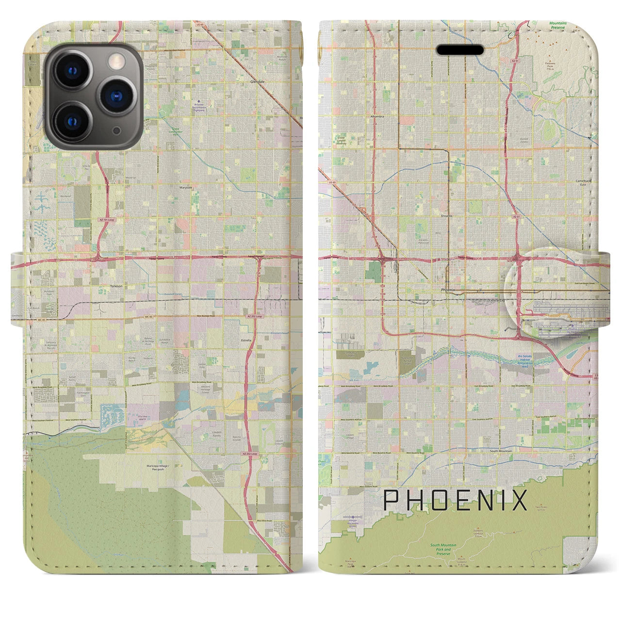 【フェニックス】地図柄iPhoneケース（手帳両面タイプ・ナチュラル）iPhone 11 Pro Max 用