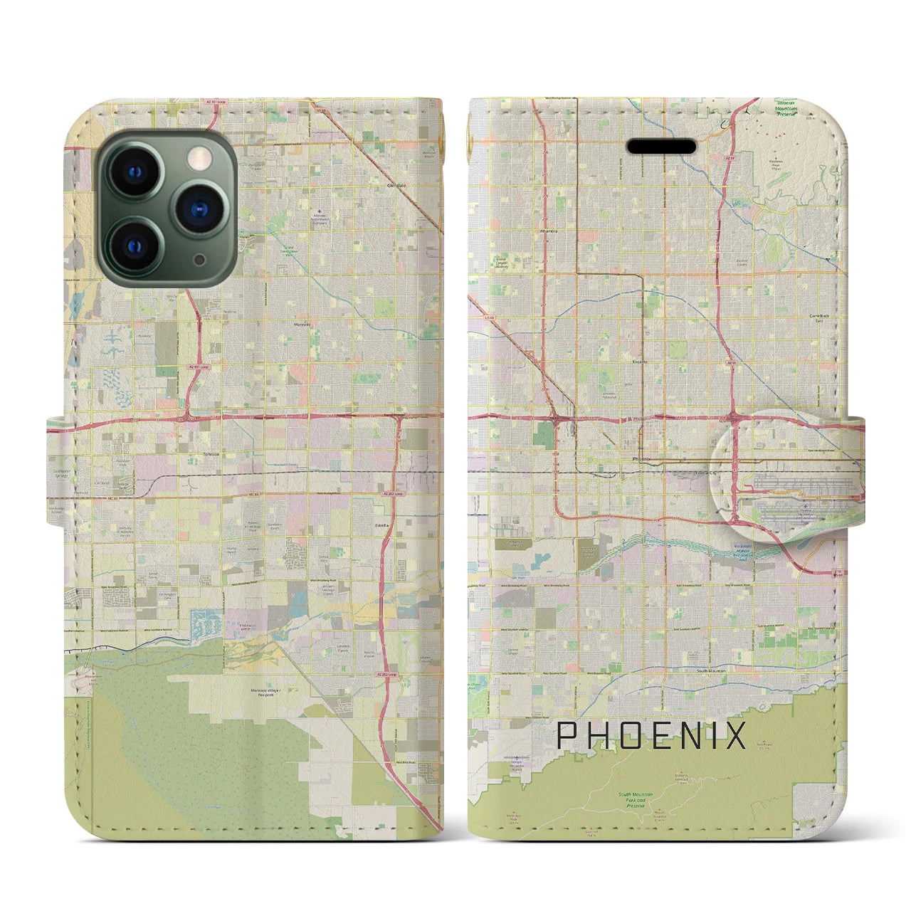 【フェニックス】地図柄iPhoneケース（手帳両面タイプ・ナチュラル）iPhone 11 Pro 用