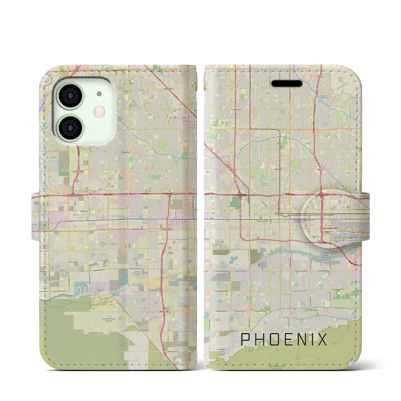 【フェニックス】地図柄iPhoneケース（手帳両面タイプ・ナチュラル）iPhone 12 mini 用