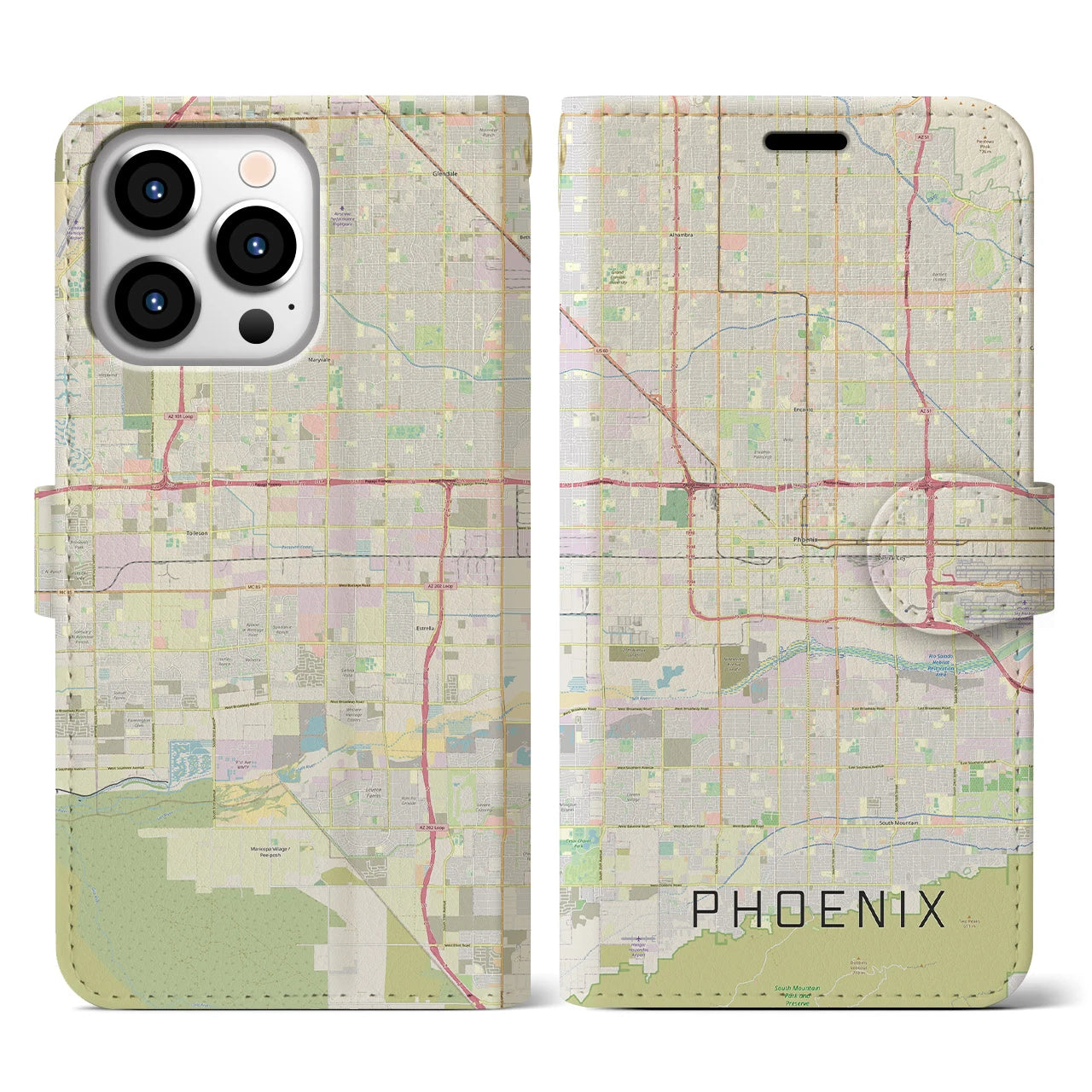 【フェニックス】地図柄iPhoneケース（手帳両面タイプ・ナチュラル）iPhone 13 Pro 用
