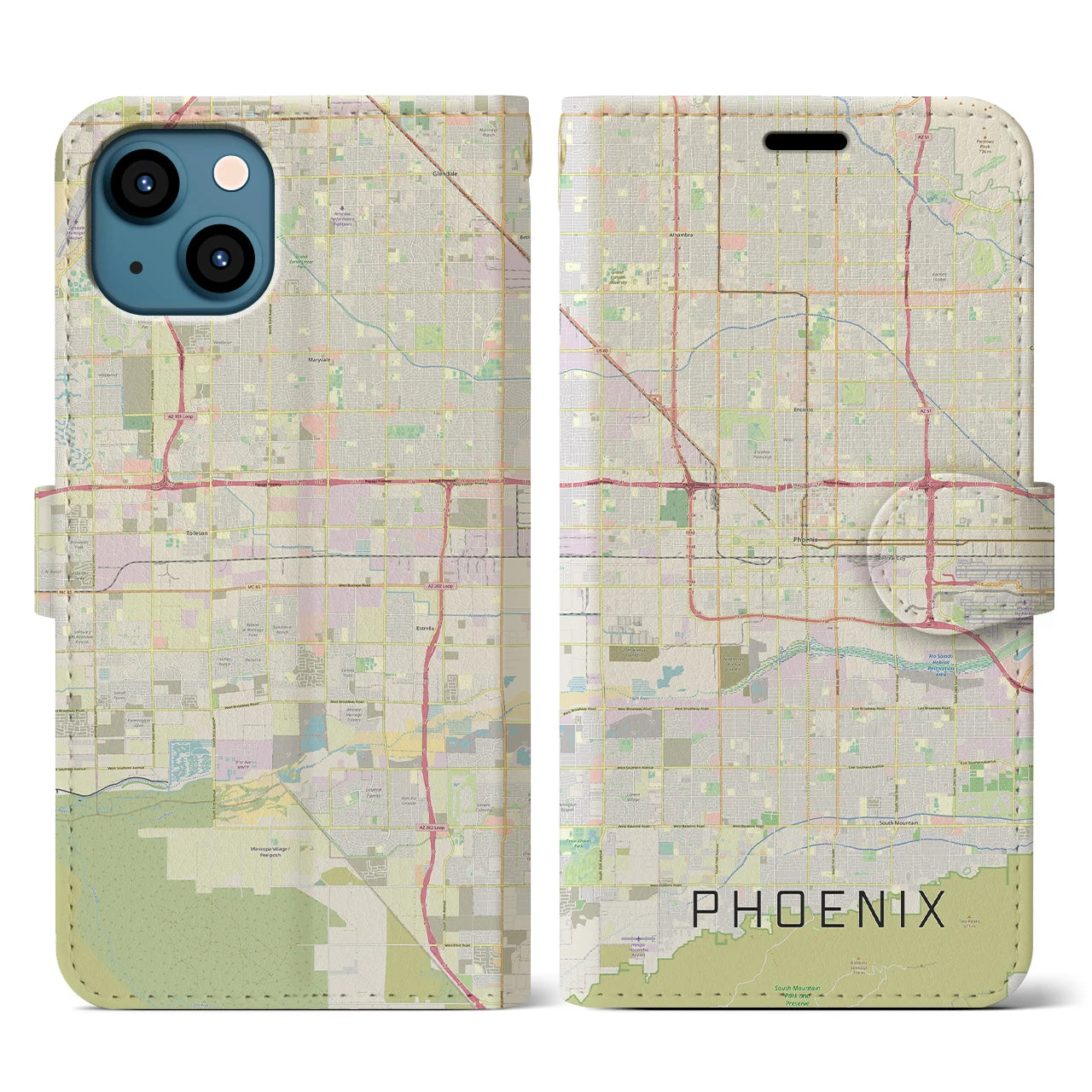 【フェニックス】地図柄iPhoneケース（手帳両面タイプ・ナチュラル）iPhone 13 用