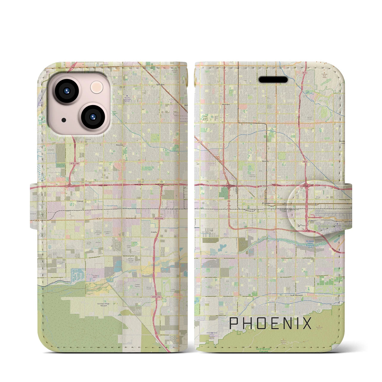 【フェニックス】地図柄iPhoneケース（手帳両面タイプ・ナチュラル）iPhone 13 mini 用