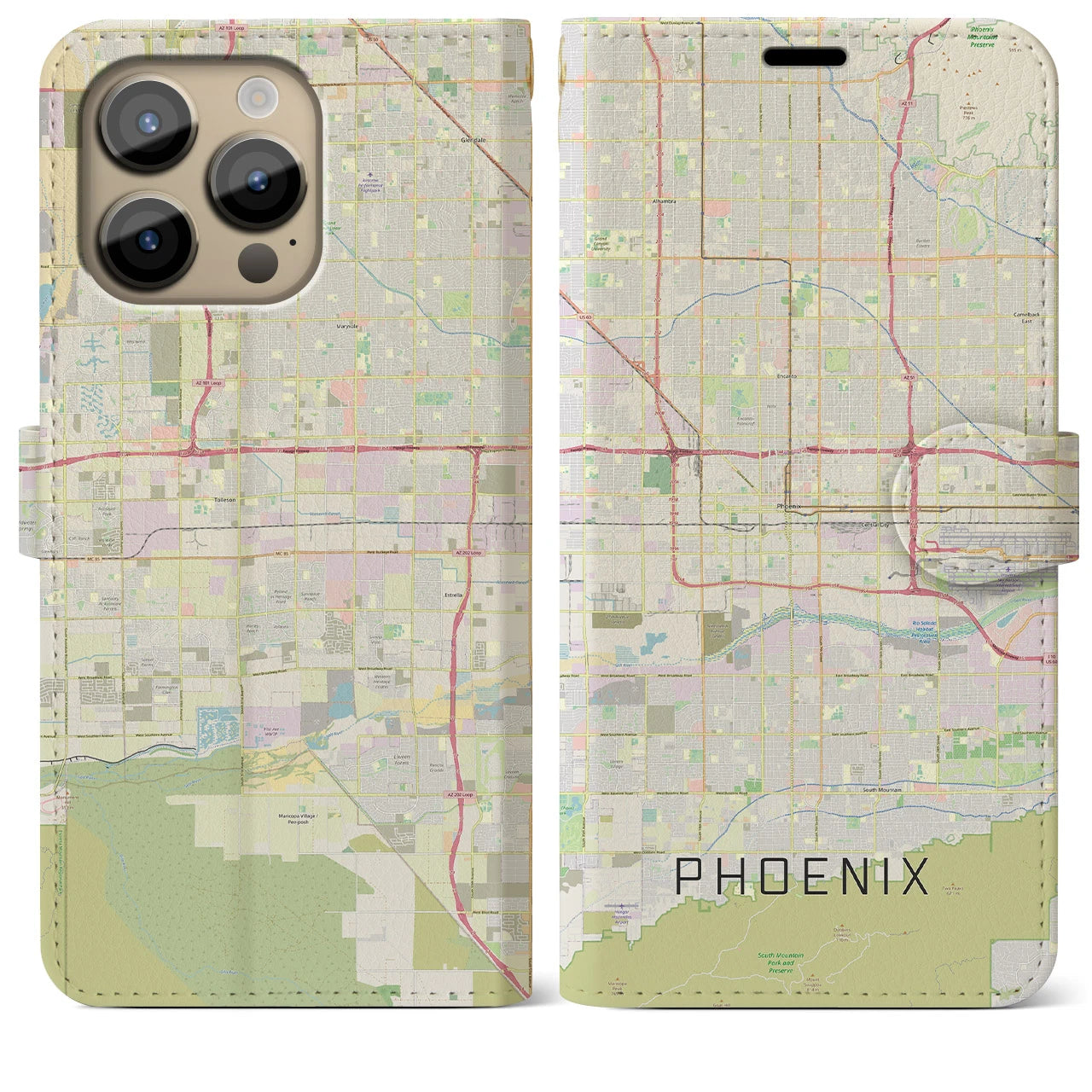 【フェニックス】地図柄iPhoneケース（手帳両面タイプ・ナチュラル）iPhone 14 Pro Max 用