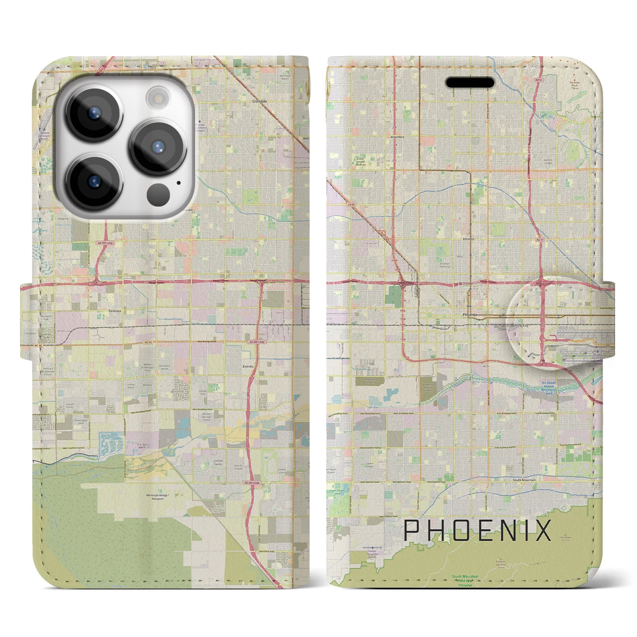 【フェニックス】地図柄iPhoneケース（手帳両面タイプ・ナチュラル）iPhone 14 Pro 用