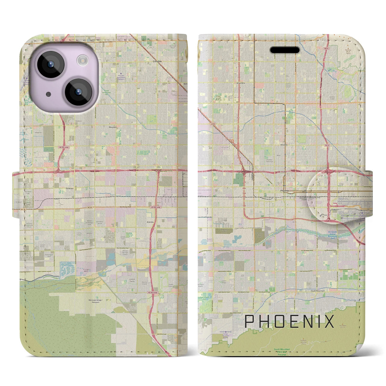 【フェニックス】地図柄iPhoneケース（手帳両面タイプ・ナチュラル）iPhone 14 用