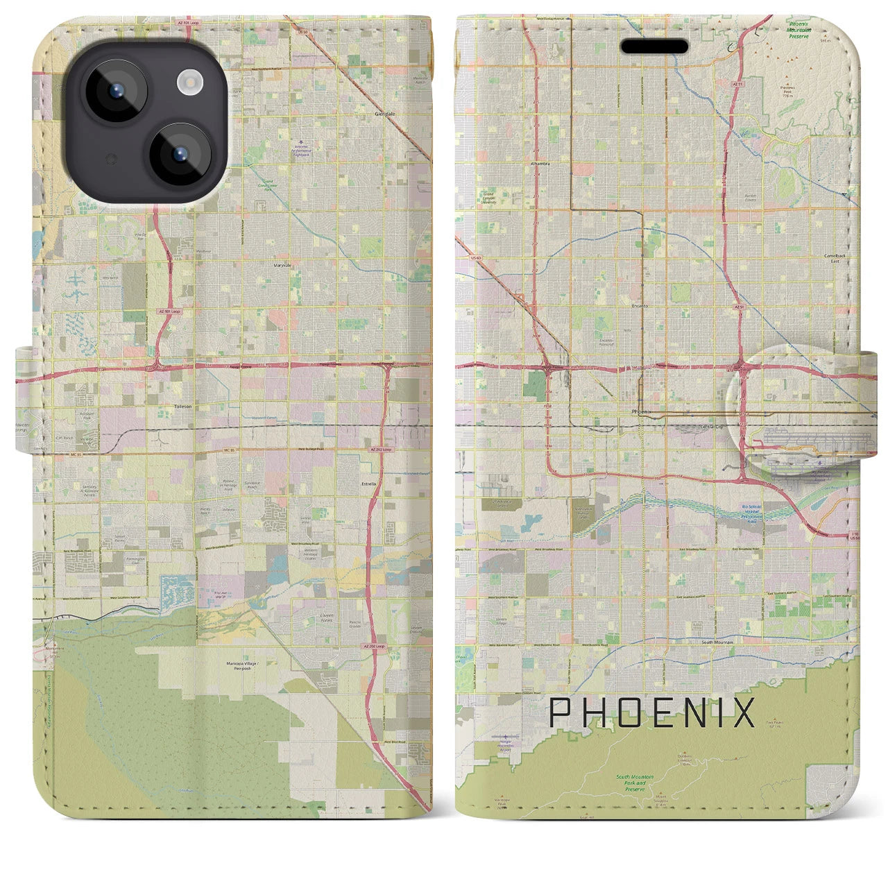 【フェニックス】地図柄iPhoneケース（手帳両面タイプ・ナチュラル）iPhone 14 Plus 用