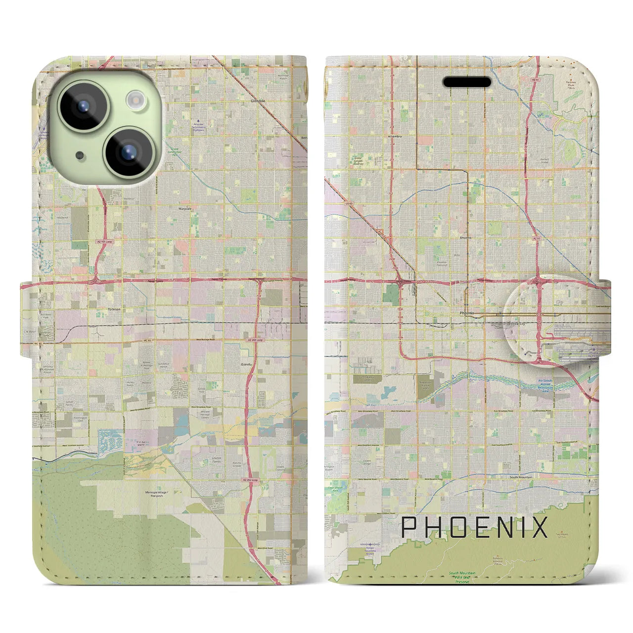 【フェニックス】地図柄iPhoneケース（手帳両面タイプ・ナチュラル）iPhone 15 用