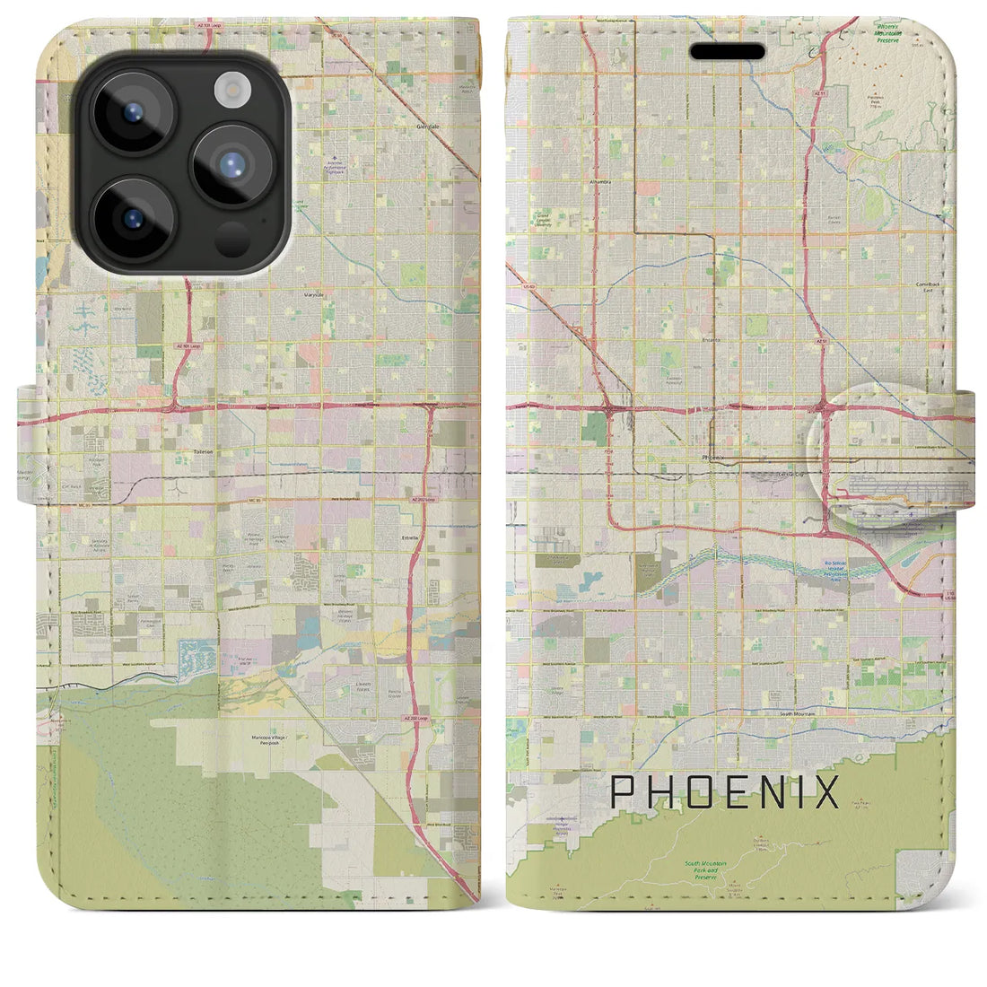 【フェニックス】地図柄iPhoneケース（手帳両面タイプ・ナチュラル）iPhone 15 Pro Max 用