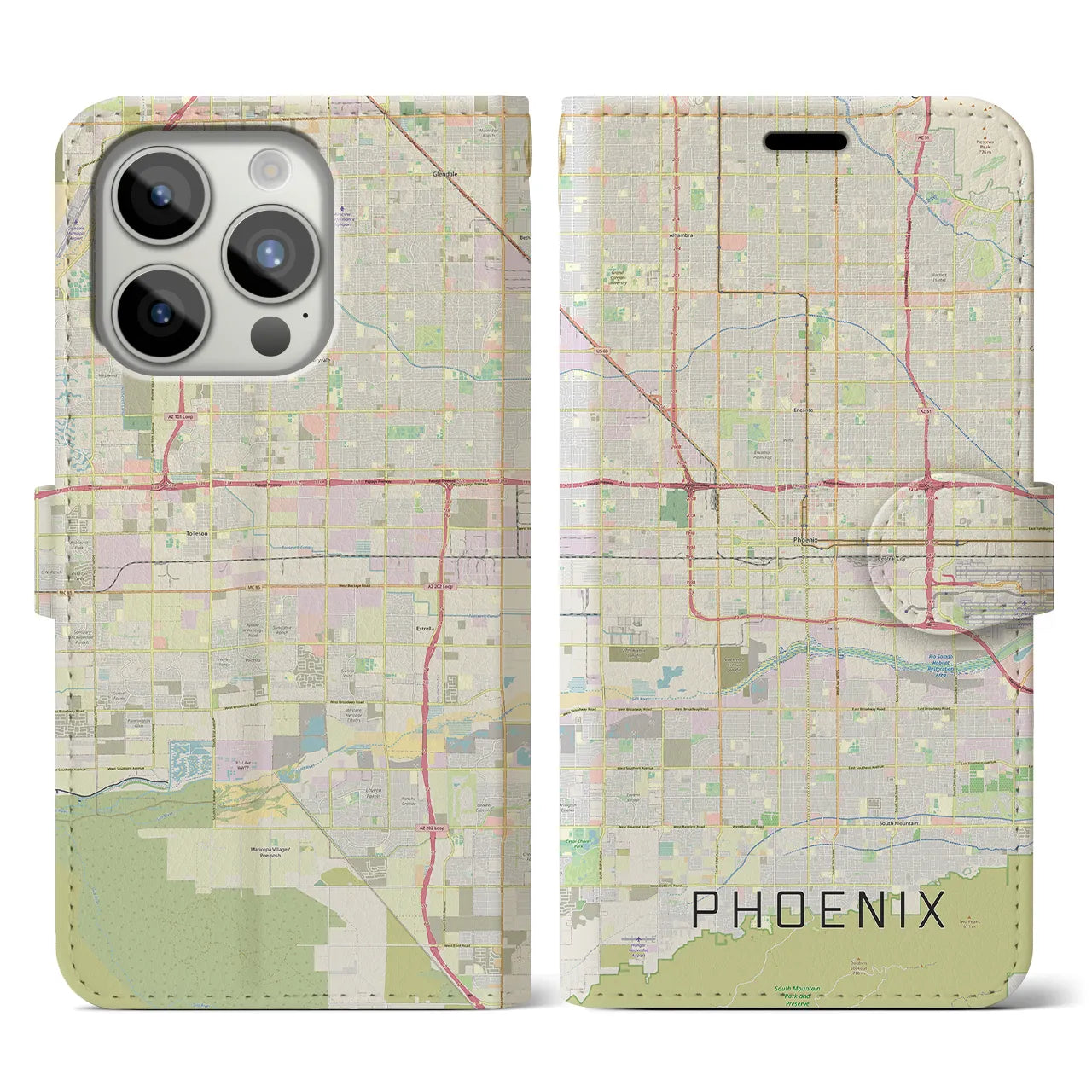 【フェニックス】地図柄iPhoneケース（手帳両面タイプ・ナチュラル）iPhone 15 Pro 用
