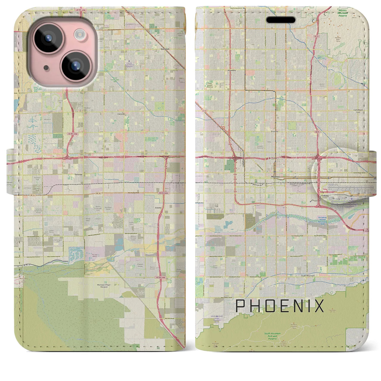 【フェニックス】地図柄iPhoneケース（手帳両面タイプ・ナチュラル）iPhone 15 Plus 用