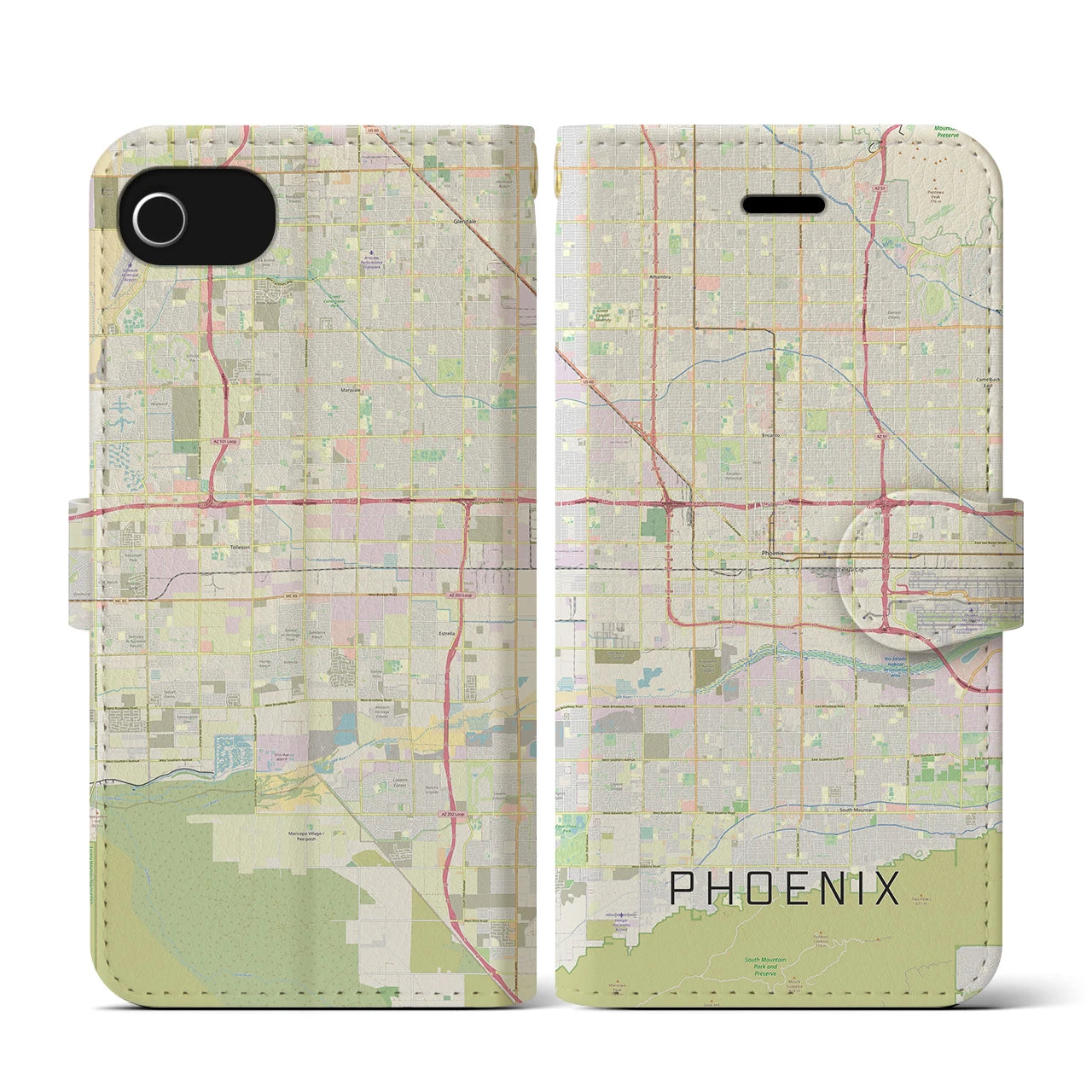 【フェニックス】地図柄iPhoneケース（手帳両面タイプ・ナチュラル）iPhone SE（第3 / 第2世代） / 8 / 7 / 6s / 6 用