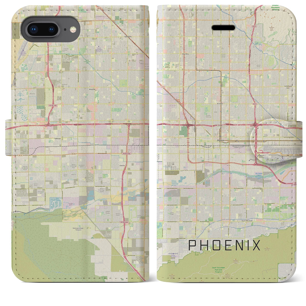 【フェニックス】地図柄iPhoneケース（手帳両面タイプ・ナチュラル）iPhone 8Plus /7Plus / 6sPlus / 6Plus 用