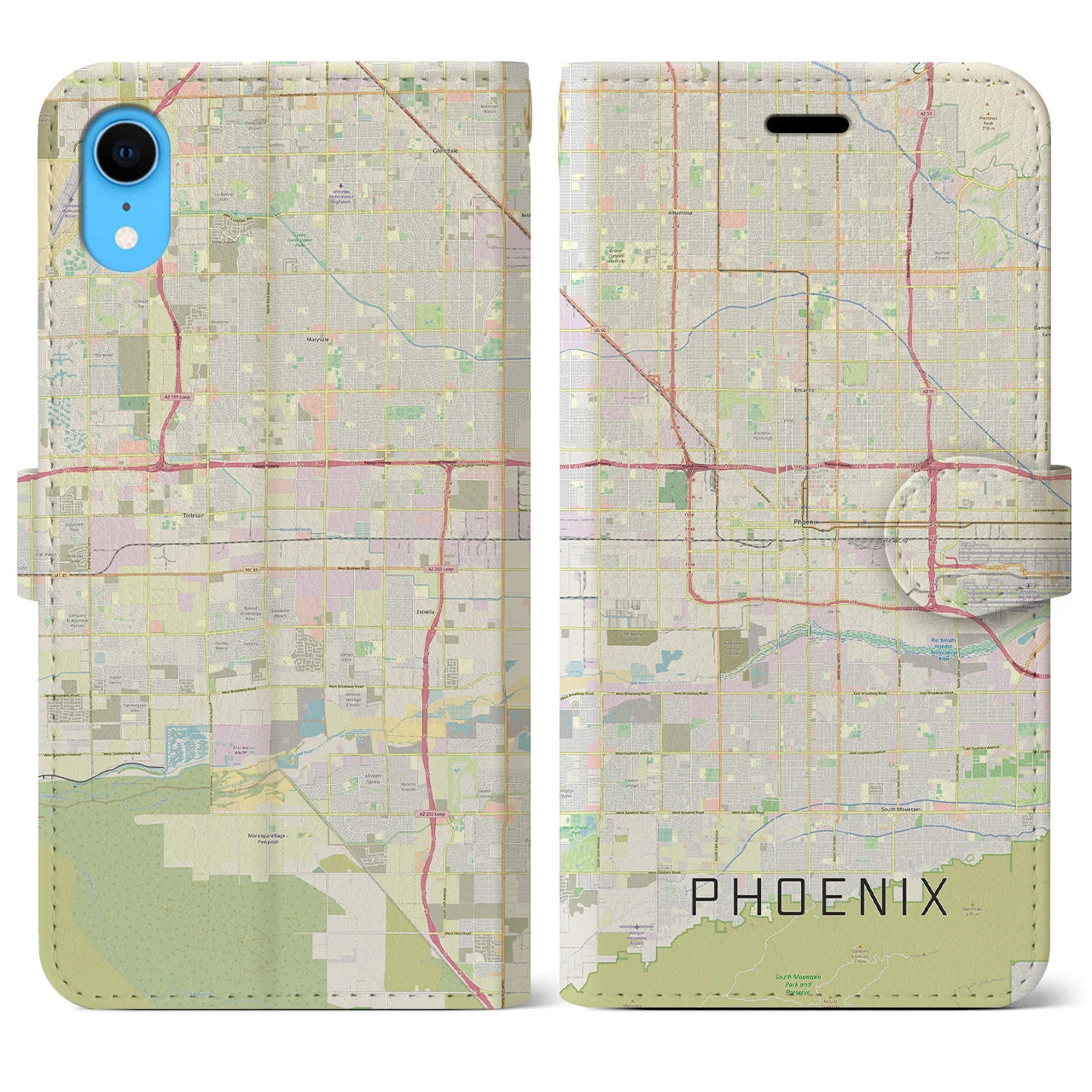 【フェニックス】地図柄iPhoneケース（手帳両面タイプ・ナチュラル）iPhone XR 用