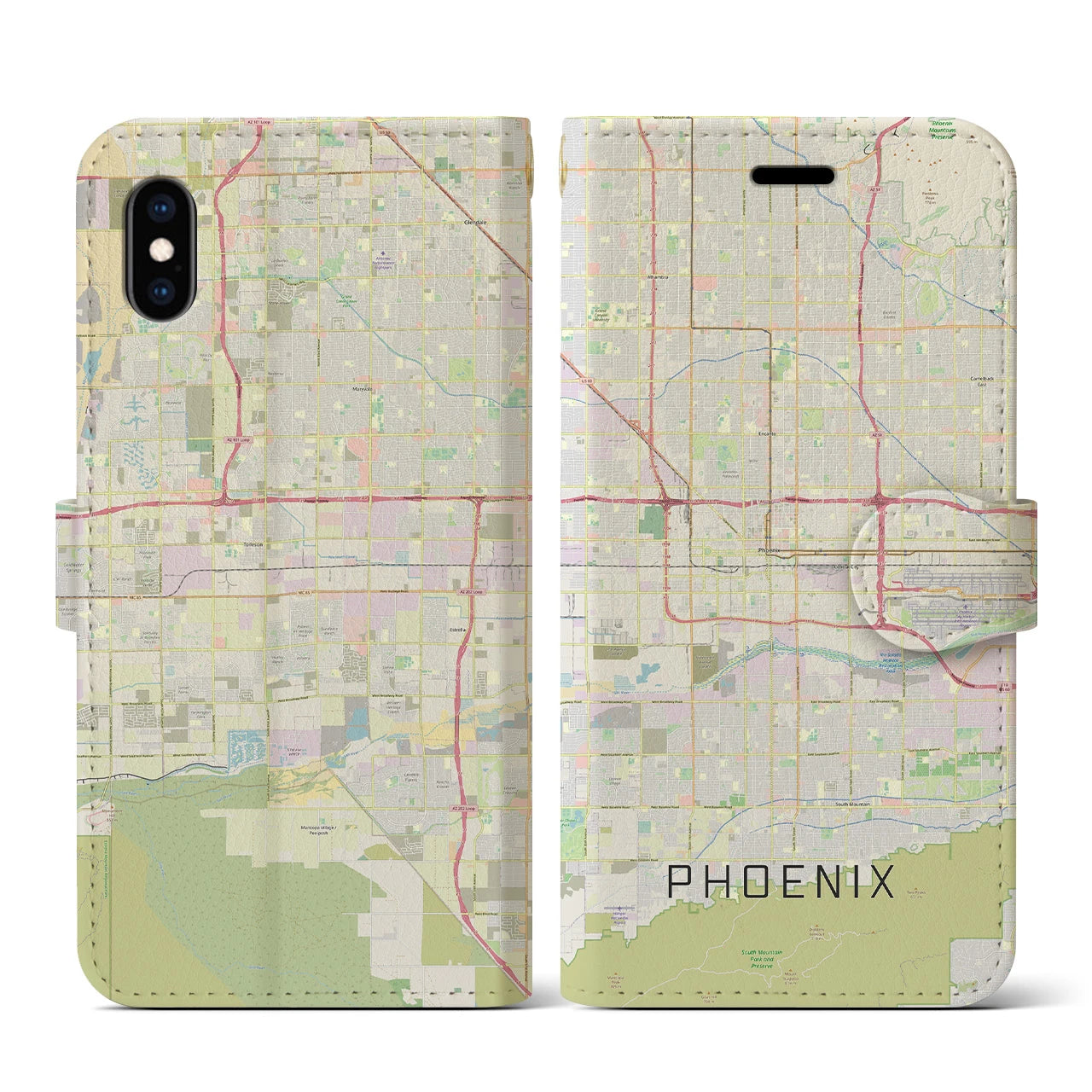 【フェニックス】地図柄iPhoneケース（手帳両面タイプ・ナチュラル）iPhone XS / X 用