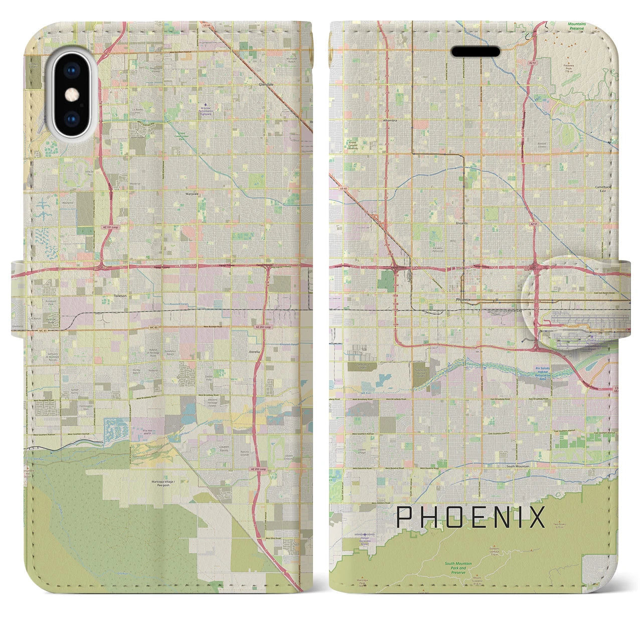 【フェニックス】地図柄iPhoneケース（手帳両面タイプ・ナチュラル）iPhone XS Max 用
