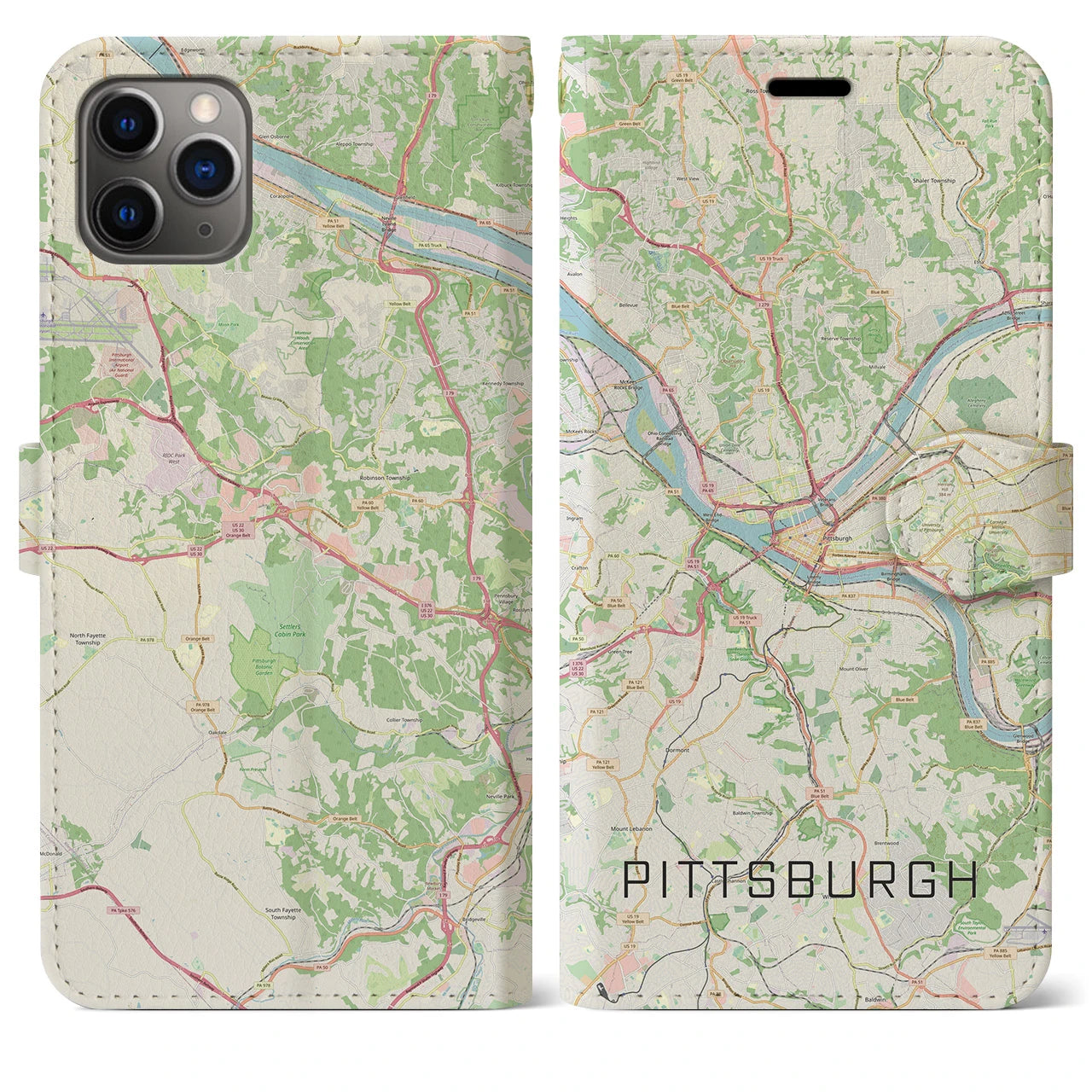 【ピッツバーグ】地図柄iPhoneケース（手帳両面タイプ・ナチュラル）iPhone 11 Pro Max 用