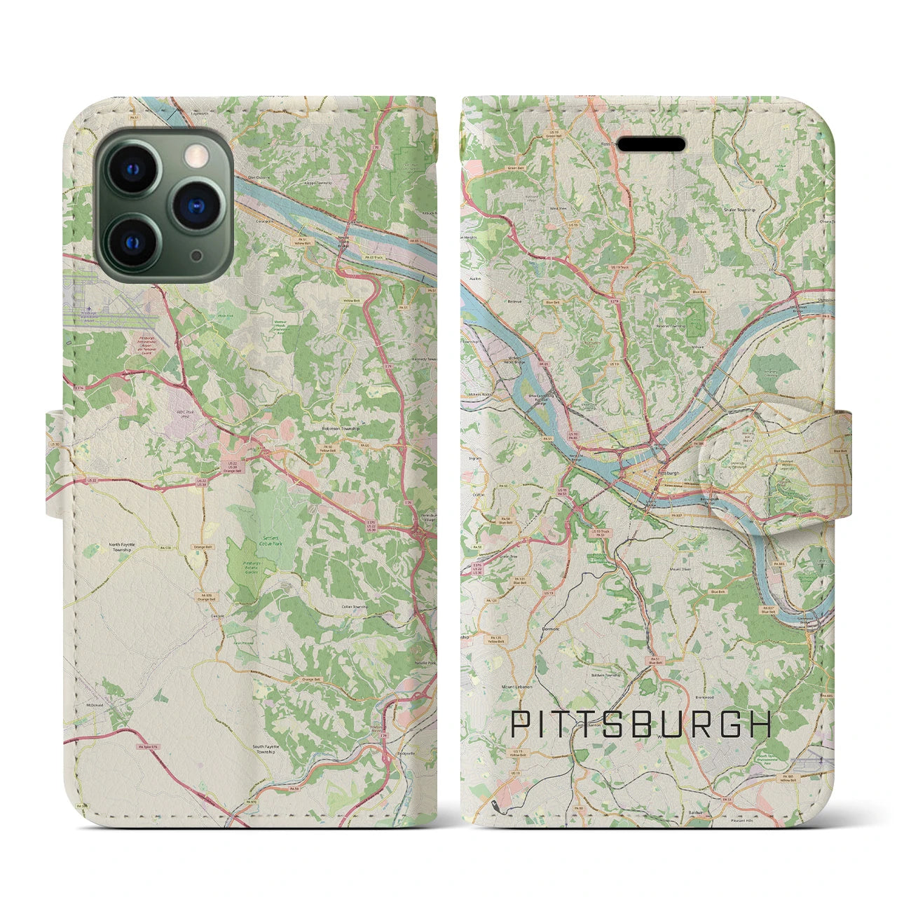 【ピッツバーグ】地図柄iPhoneケース（手帳両面タイプ・ナチュラル）iPhone 11 Pro 用