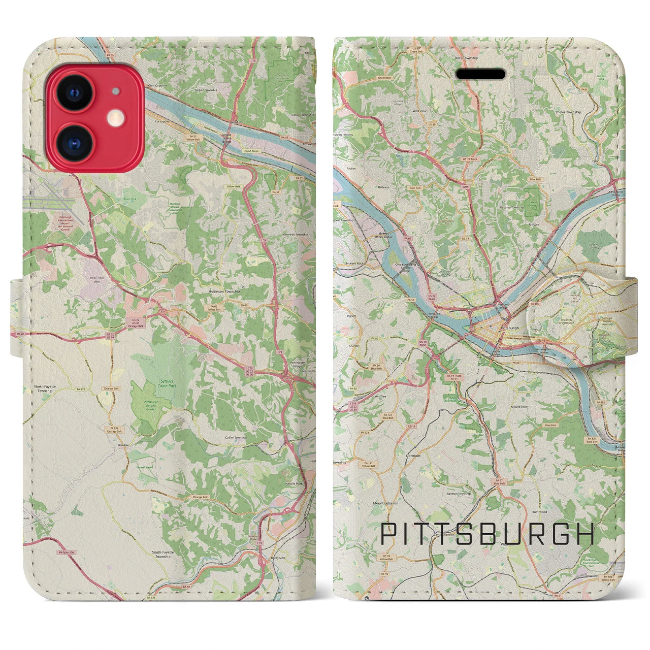 【ピッツバーグ】地図柄iPhoneケース（手帳両面タイプ・ナチュラル）iPhone 11 用