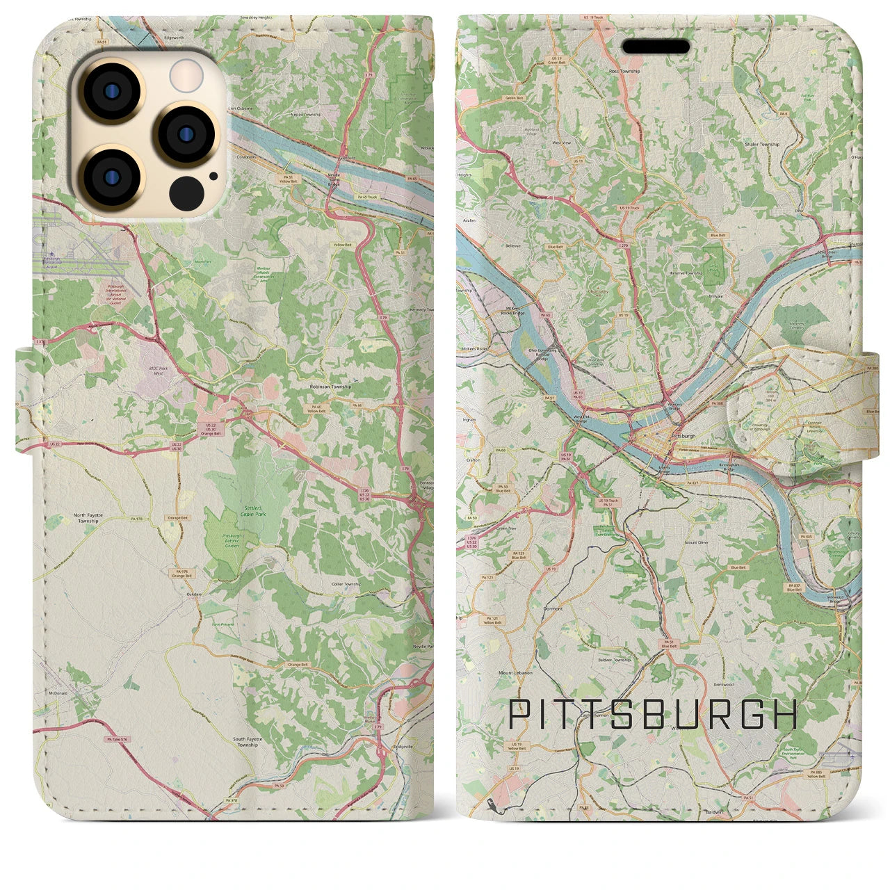【ピッツバーグ】地図柄iPhoneケース（手帳両面タイプ・ナチュラル）iPhone 12 Pro Max 用