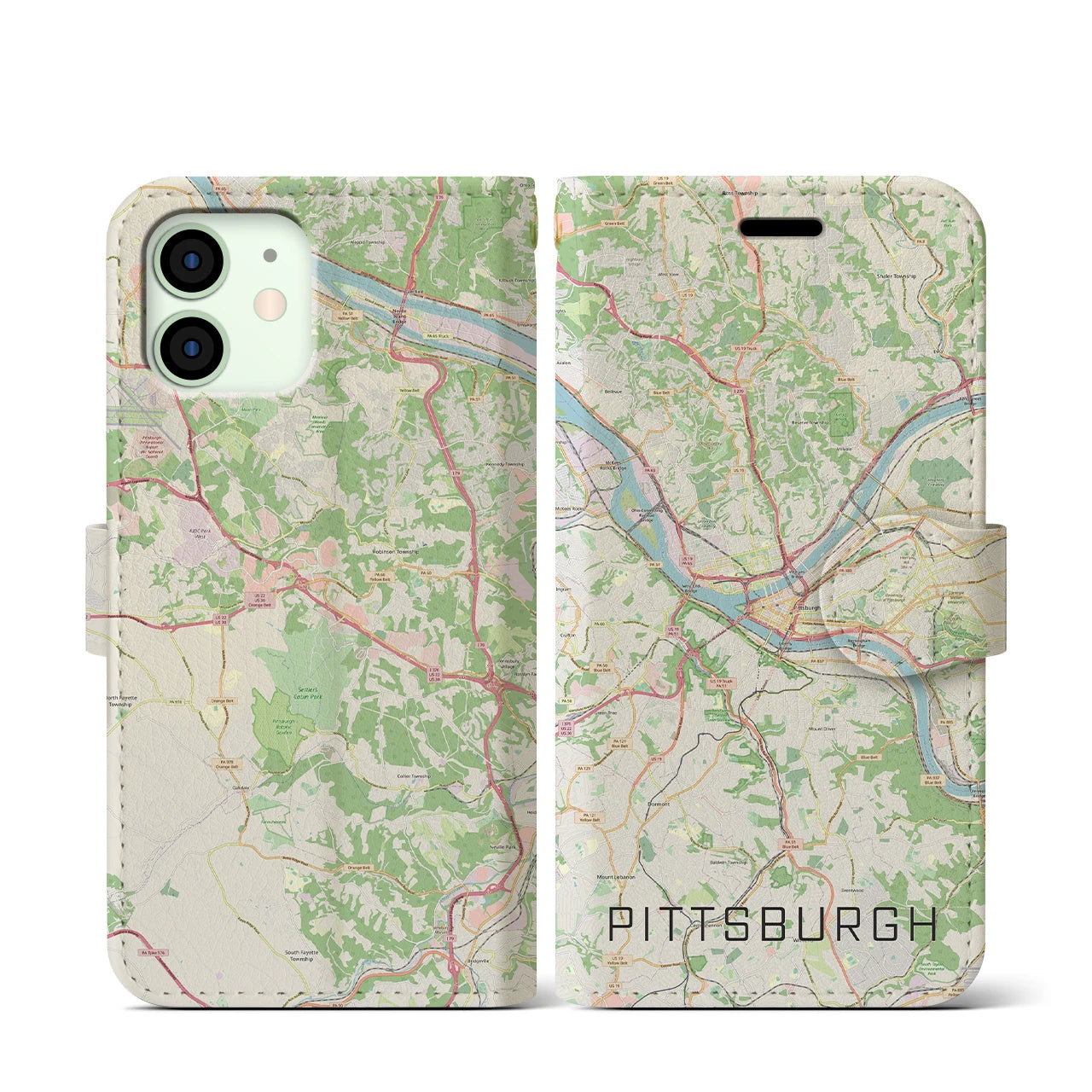 【ピッツバーグ】地図柄iPhoneケース（手帳両面タイプ・ナチュラル）iPhone 12 mini 用