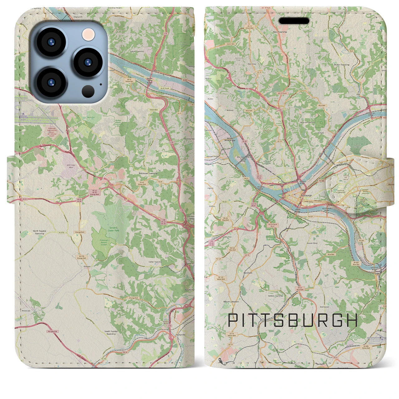 【ピッツバーグ】地図柄iPhoneケース（手帳両面タイプ・ナチュラル）iPhone 13 Pro Max 用