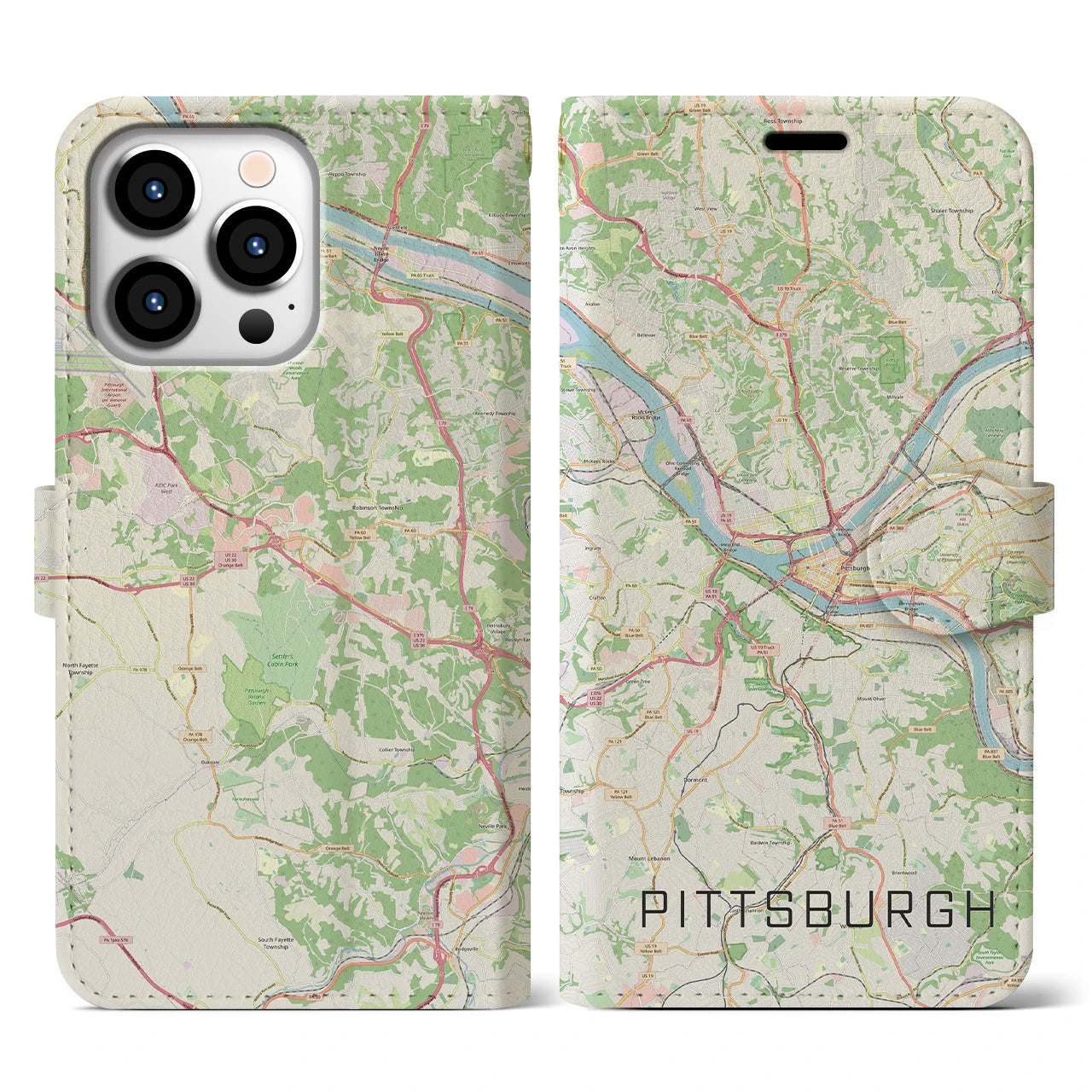 【ピッツバーグ】地図柄iPhoneケース（手帳両面タイプ・ナチュラル）iPhone 13 Pro 用