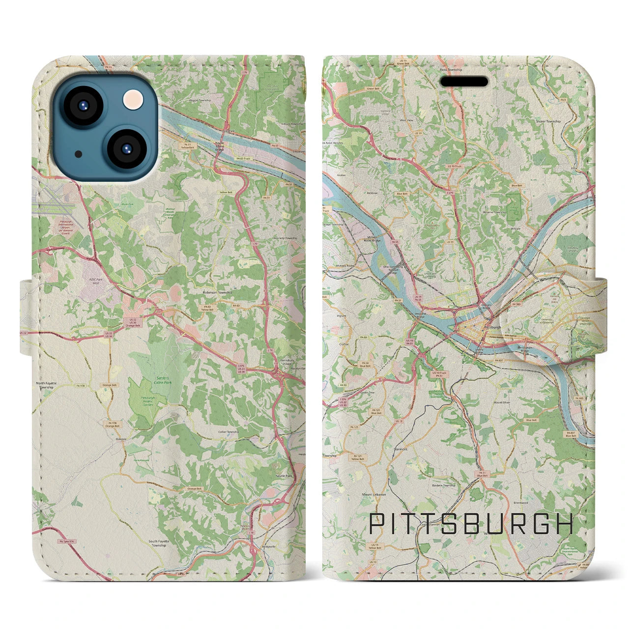 【ピッツバーグ】地図柄iPhoneケース（手帳両面タイプ・ナチュラル）iPhone 13 用