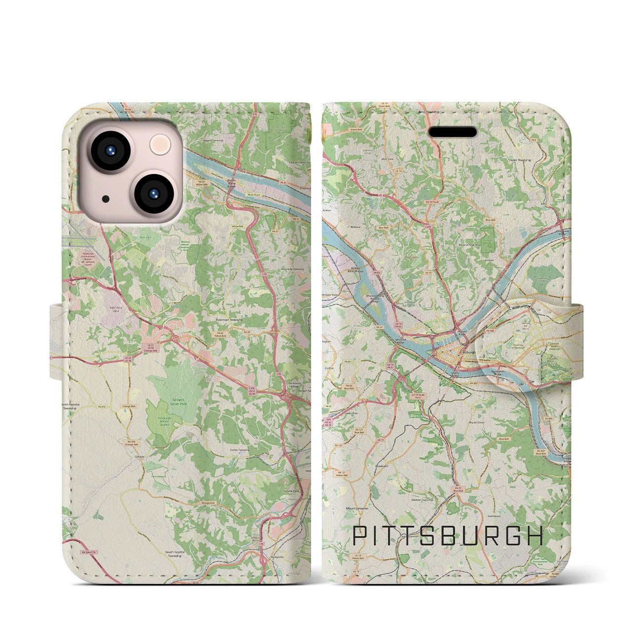 【ピッツバーグ】地図柄iPhoneケース（手帳両面タイプ・ナチュラル）iPhone 13 mini 用