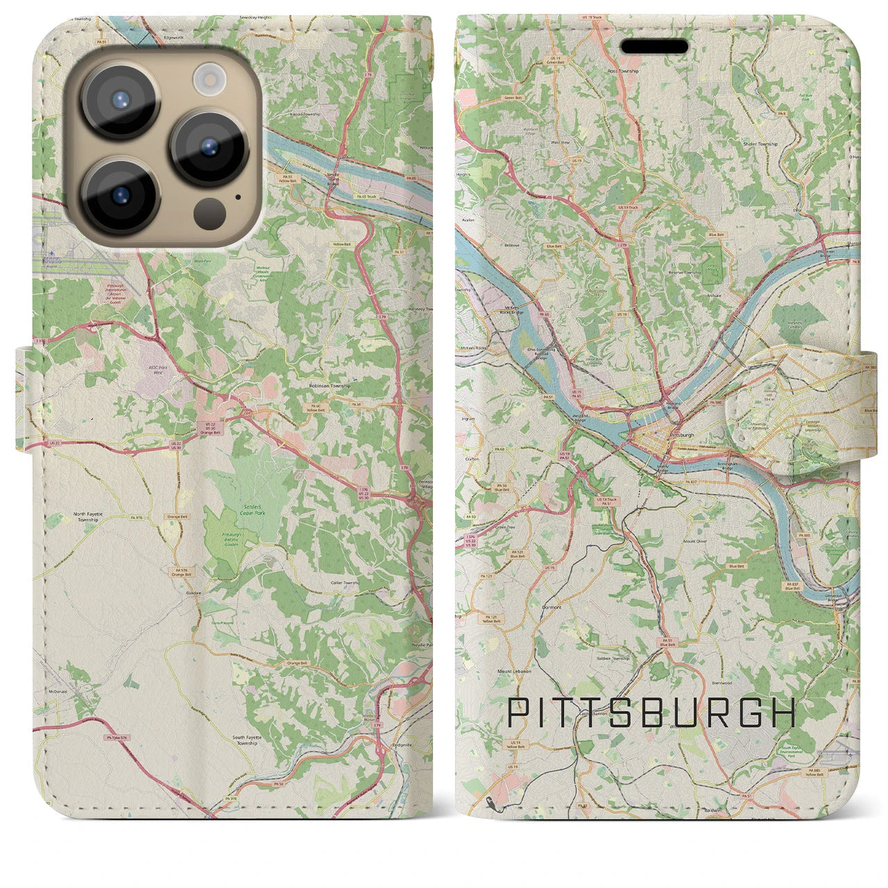 【ピッツバーグ】地図柄iPhoneケース（手帳両面タイプ・ナチュラル）iPhone 14 Pro Max 用