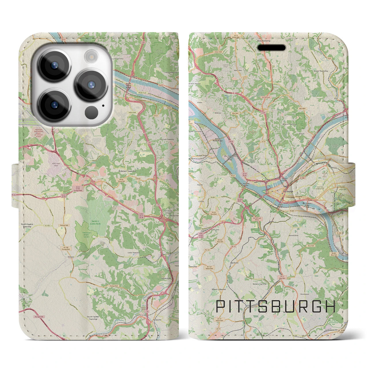 【ピッツバーグ】地図柄iPhoneケース（手帳両面タイプ・ナチュラル）iPhone 14 Pro 用