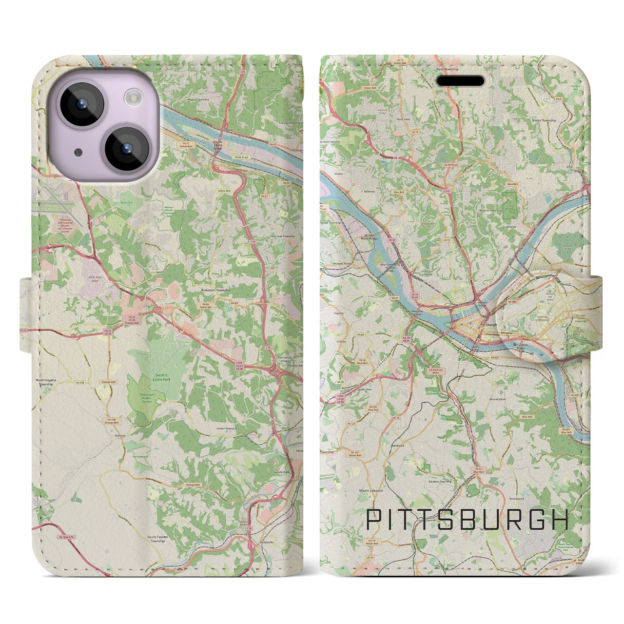 【ピッツバーグ】地図柄iPhoneケース（手帳両面タイプ・ナチュラル）iPhone 14 用