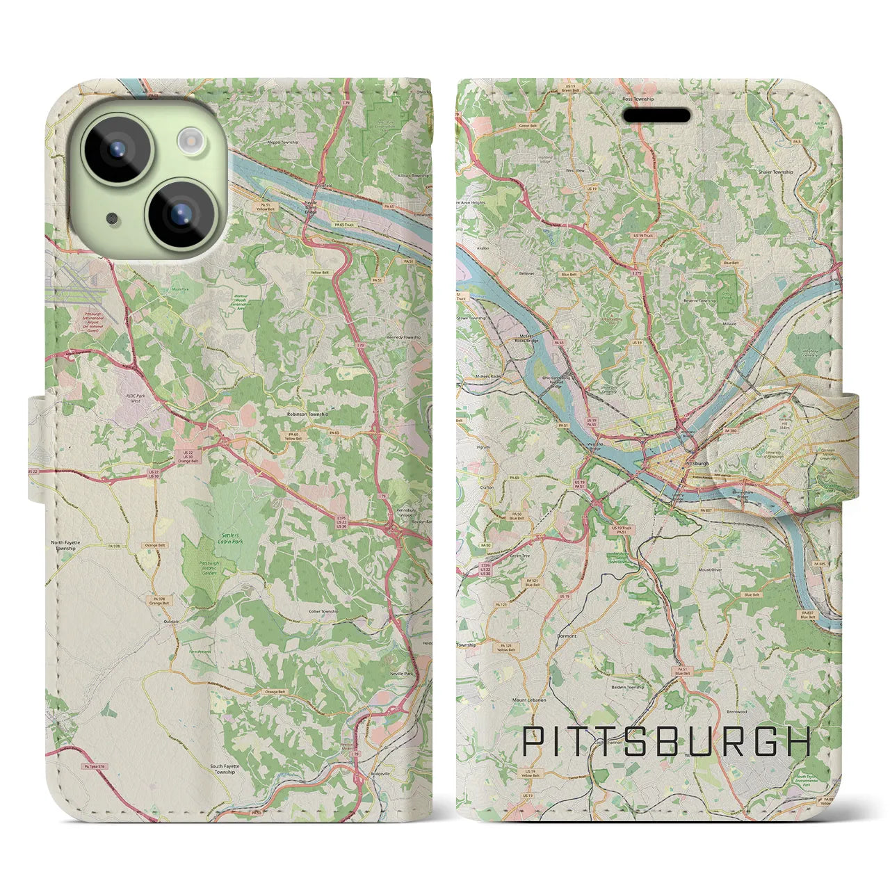 【ピッツバーグ】地図柄iPhoneケース（手帳両面タイプ・ナチュラル）iPhone 15 用
