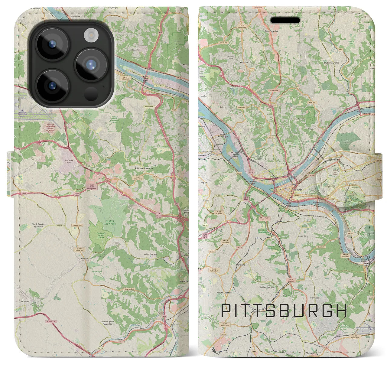 【ピッツバーグ】地図柄iPhoneケース（手帳両面タイプ・ナチュラル）iPhone 15 Pro Max 用