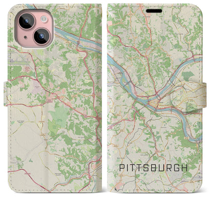 【ピッツバーグ（アメリカ）】地図柄iPhoneケース（手帳タイプ）ナチュラル・iPhone 15 Plus 用