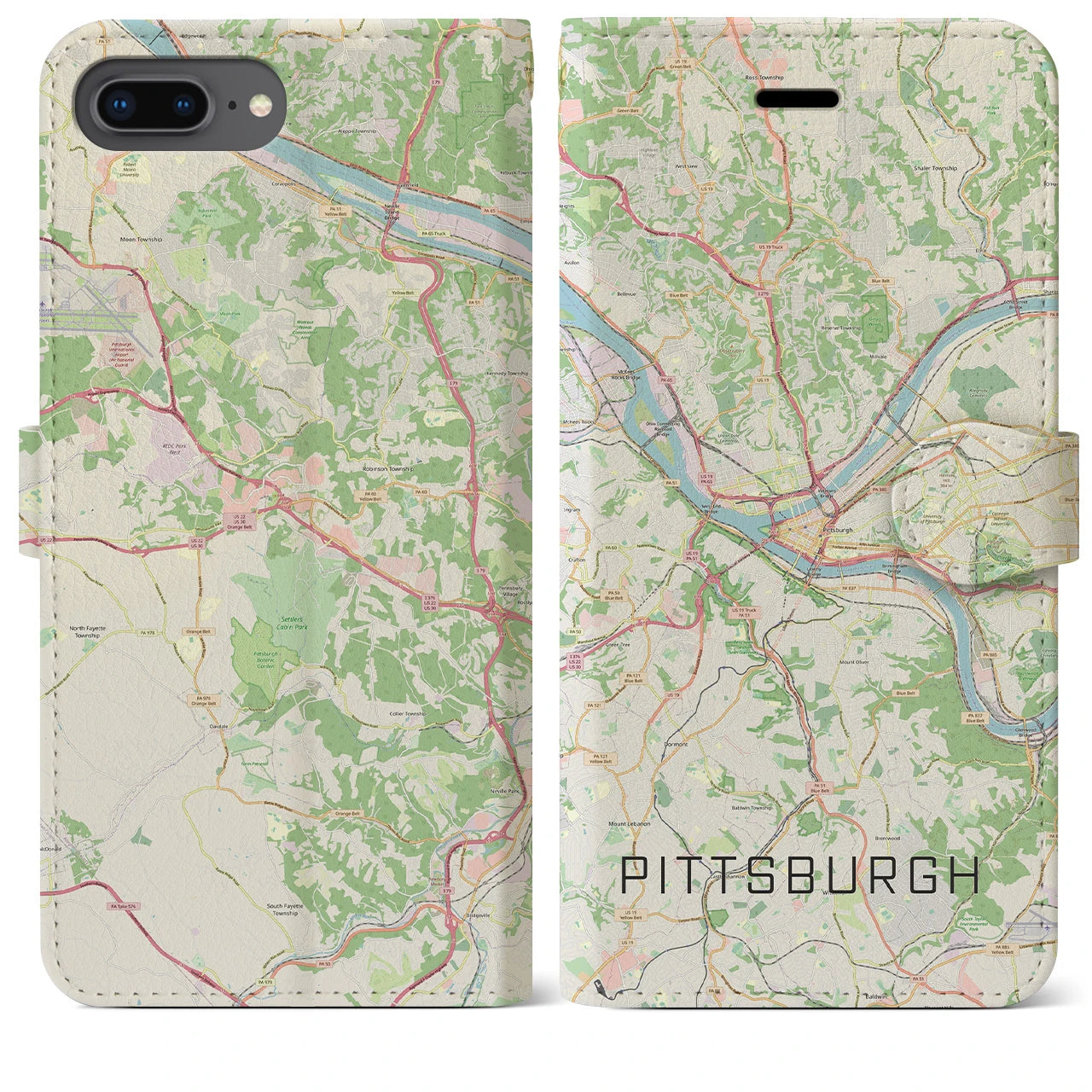 【ピッツバーグ】地図柄iPhoneケース（手帳両面タイプ・ナチュラル）iPhone 8Plus /7Plus / 6sPlus / 6Plus 用