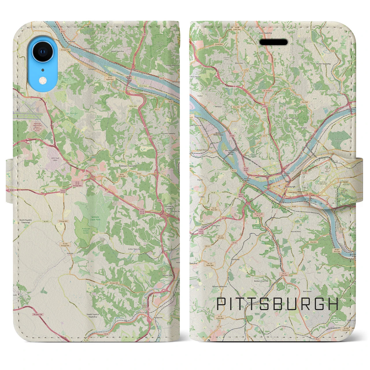 【ピッツバーグ】地図柄iPhoneケース（手帳両面タイプ・ナチュラル）iPhone XR 用