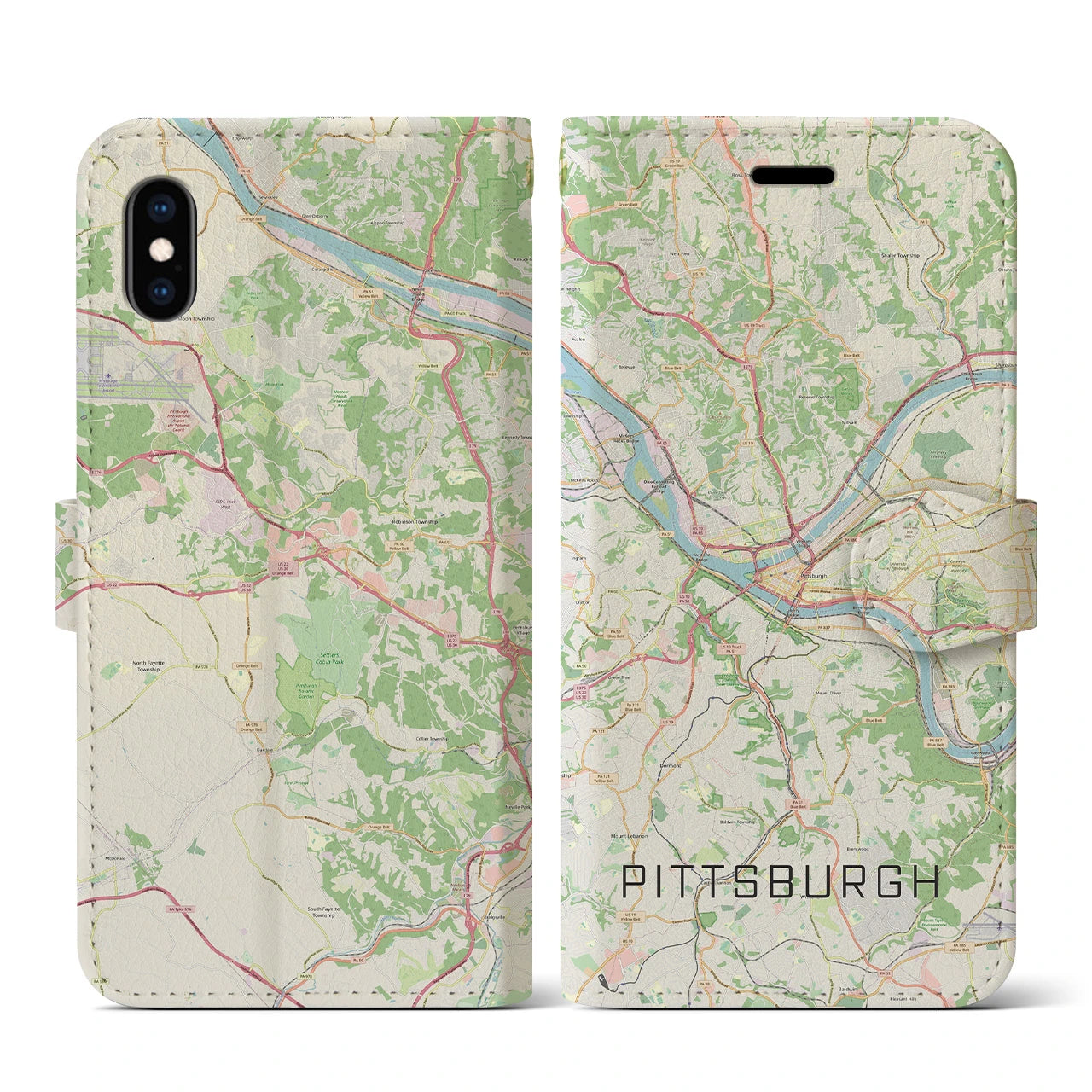 【ピッツバーグ】地図柄iPhoneケース（手帳両面タイプ・ナチュラル）iPhone XS / X 用