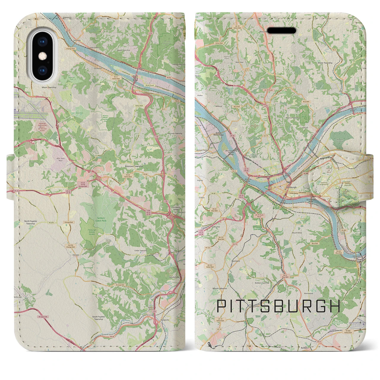 【ピッツバーグ】地図柄iPhoneケース（手帳両面タイプ・ナチュラル）iPhone XS Max 用