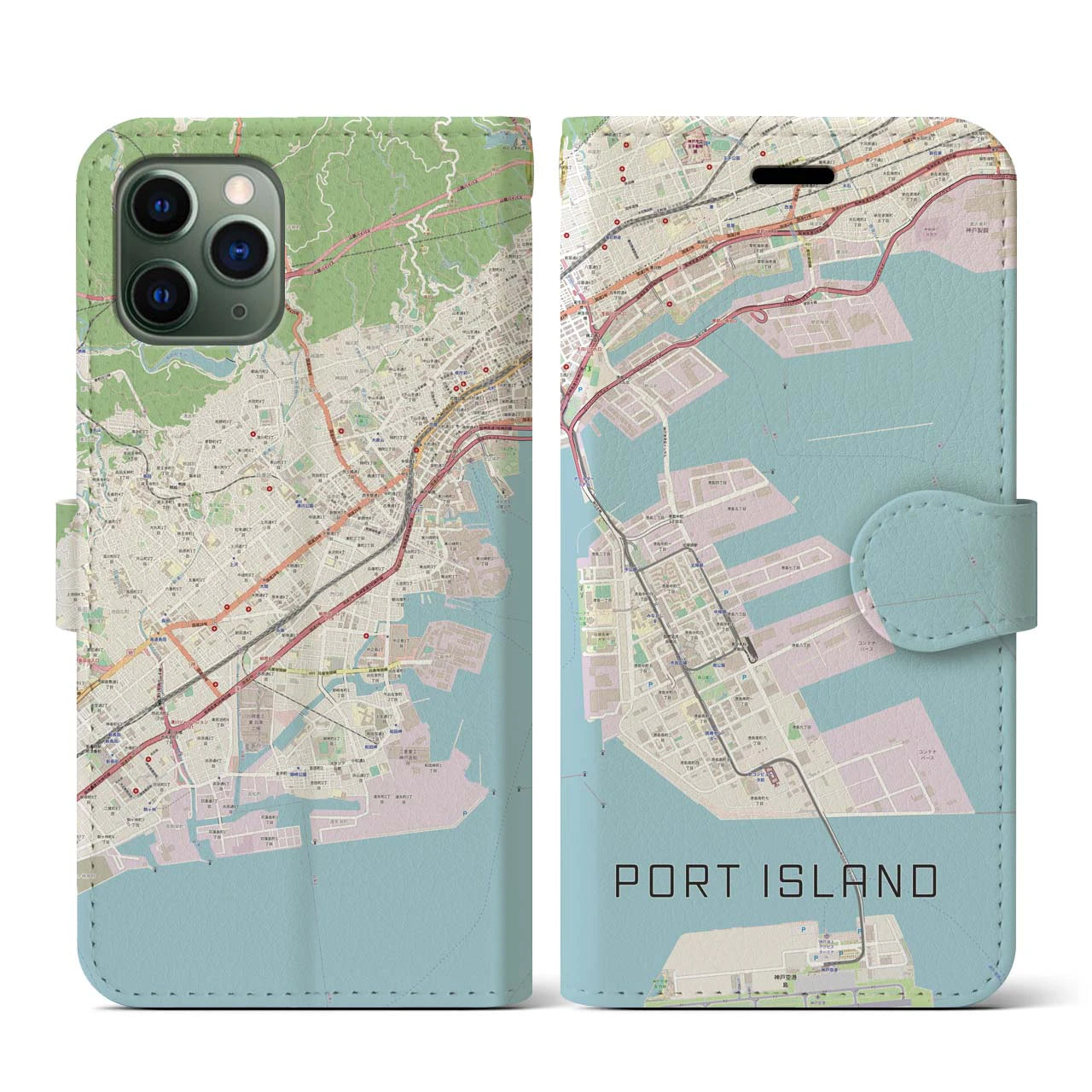 【ポートアイランド】地図柄iPhoneケース（手帳両面タイプ・ナチュラル）iPhone 11 Pro 用